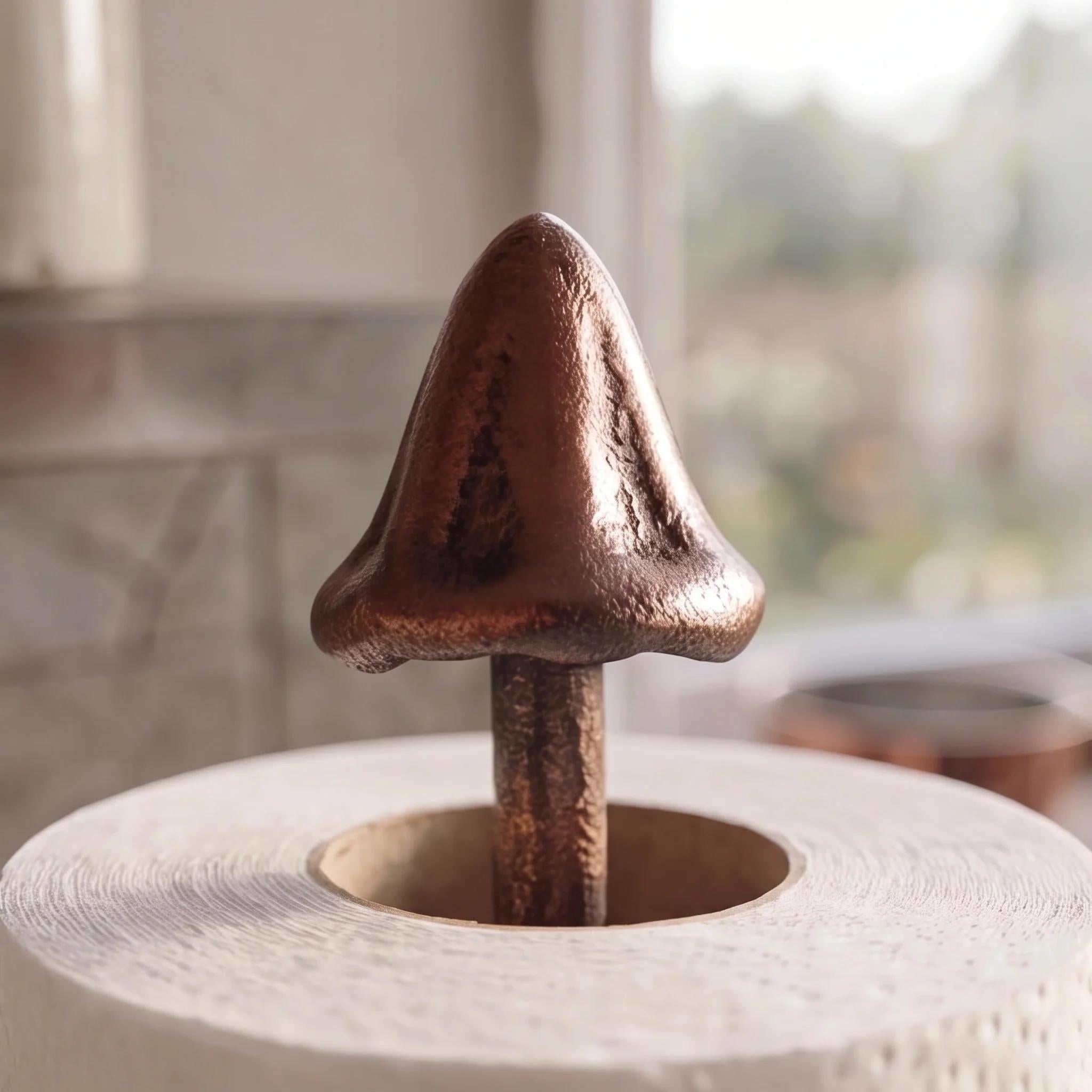 Cast Iron Mushroom Paper Towel Holder, Rustic Copper Finish, 13"