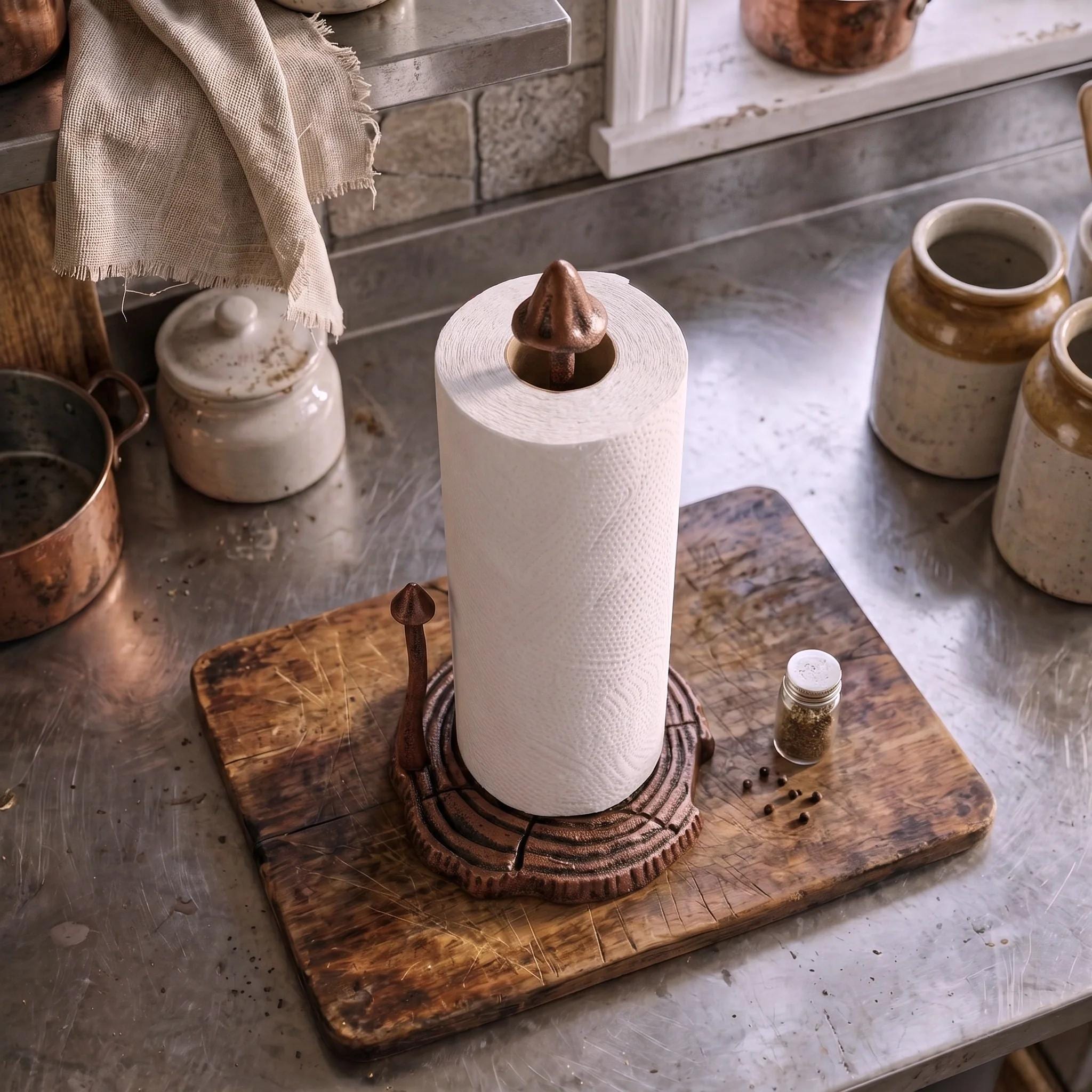 Cast Iron Mushroom Paper Towel Holder, Rustic Copper Finish, 13"