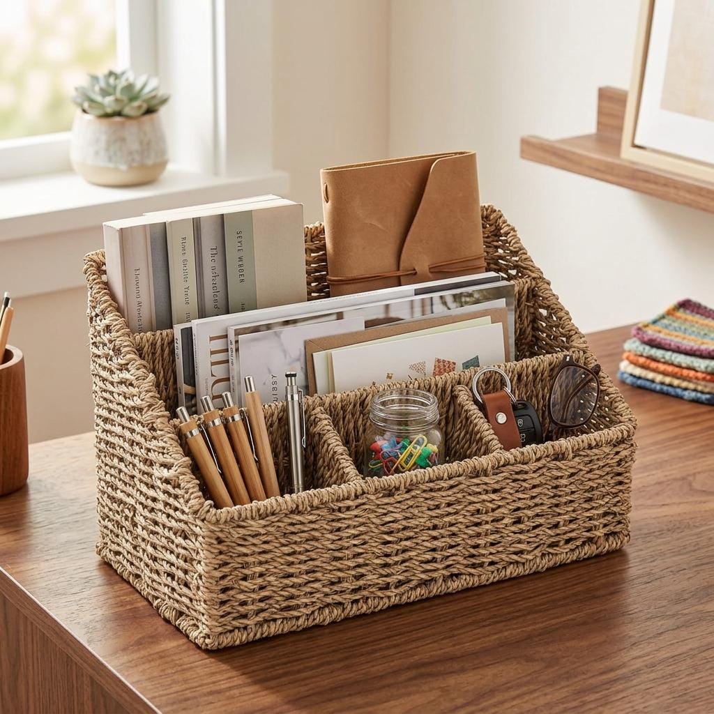 Desk Organizer Basket with Multiple Compartments for Office Supplies