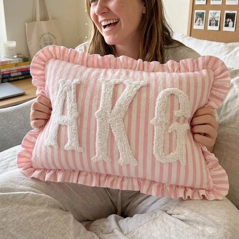 Monogram Striped Punch Needle Pillow, Personalized Graduation Gift, Custom Initial Pillow, College Graduate Gift, Preppy Room Decor