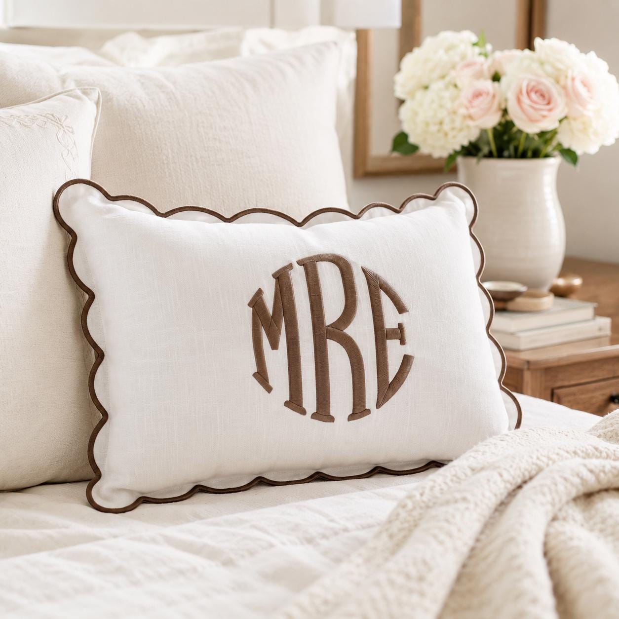 Scalloped Edge Linen Embroidered Pillow