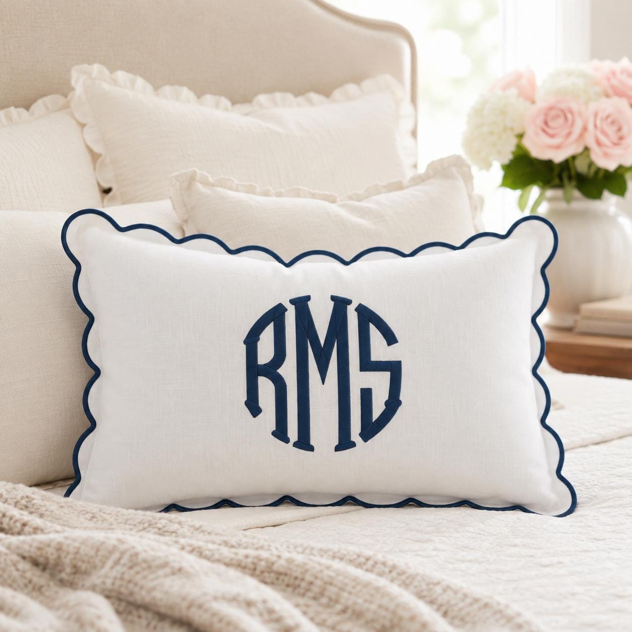 Scalloped Edge Linen Embroidered Pillow