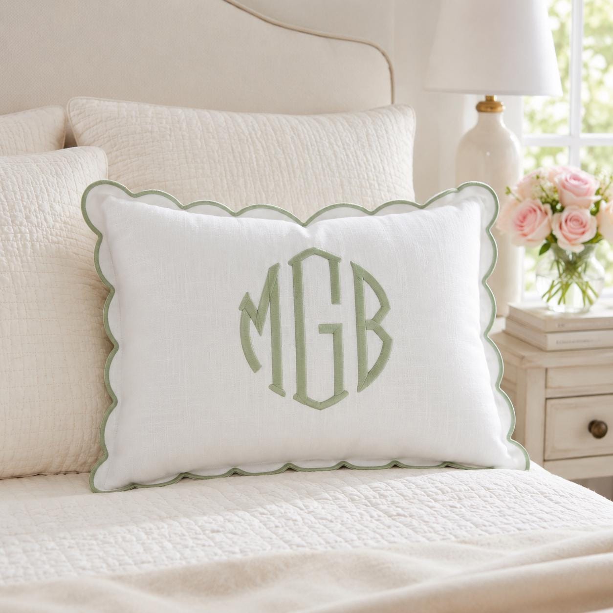 Scalloped Edge Linen Embroidered Pillow