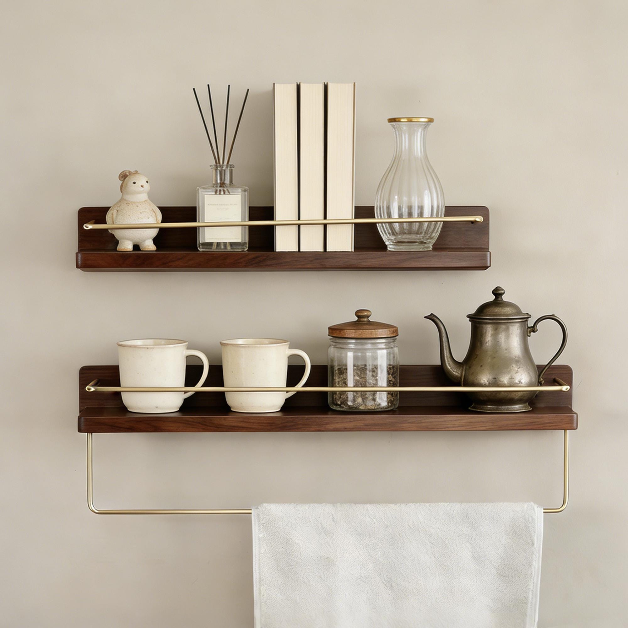 Solid Walnut/Beech Shelf with Brushed Brass Towel Bar, Wall Mounted Floating Storage