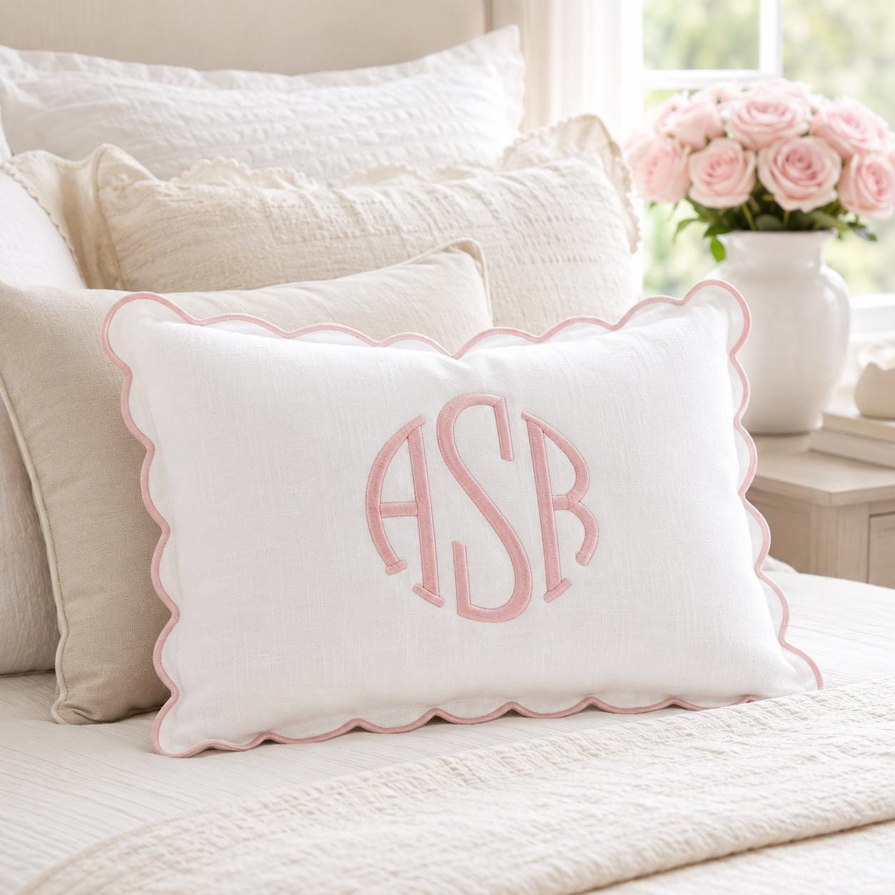 Scalloped Edge Linen Embroidered Pillow