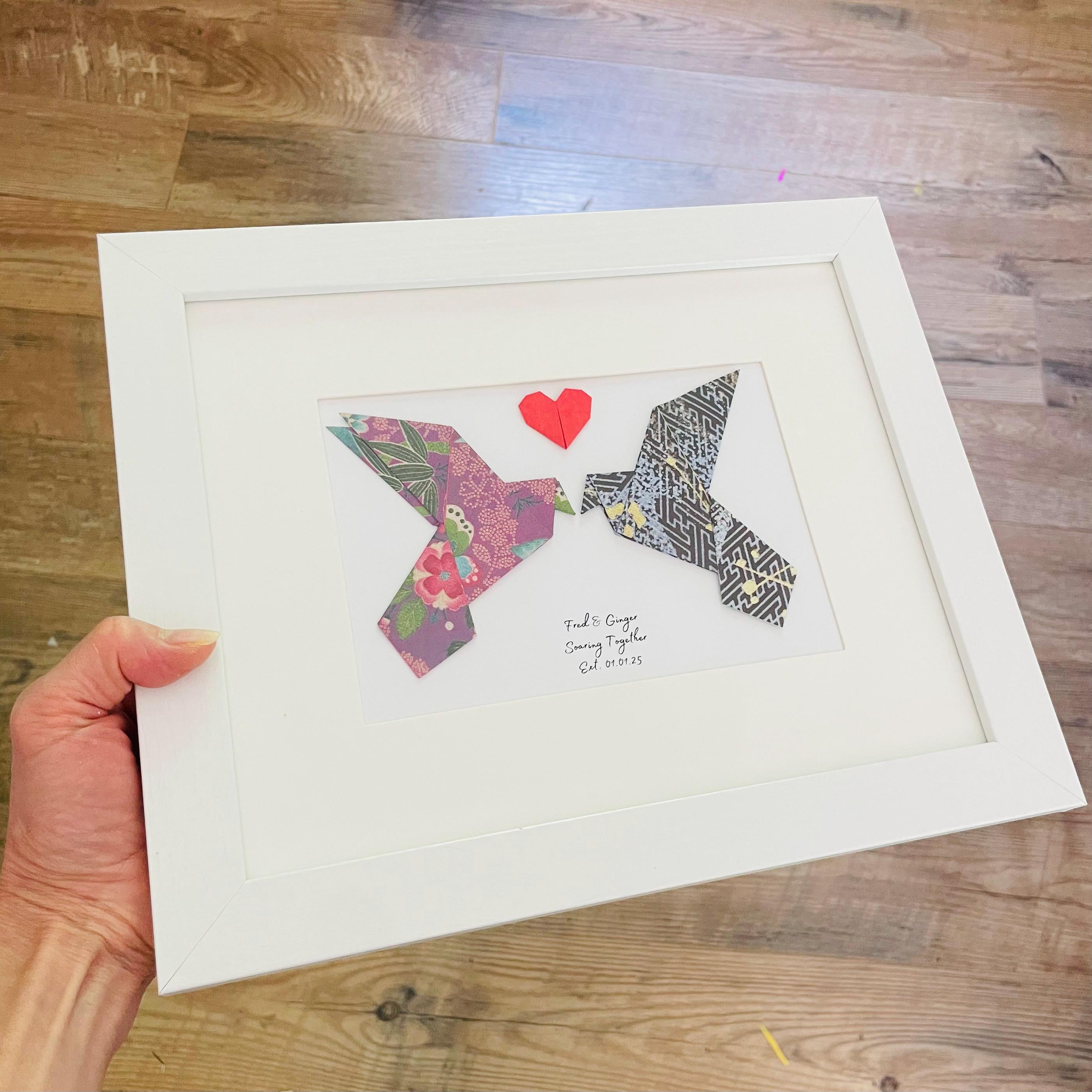 Personalized Origami Lovebirds Art, 8x10 White Frame