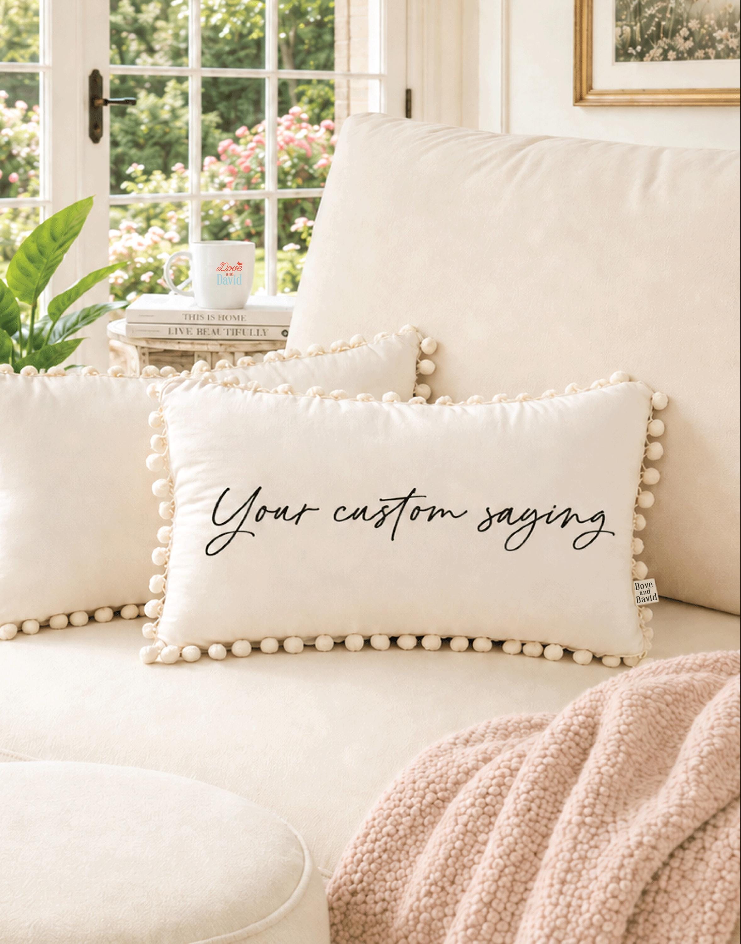 Velvet Pom Pom Personalized Words Pillow, Name Pillow, Customized Phrase, Quote Pillow, Foyer Entryway Bench Decor, Funny Gift For Friends