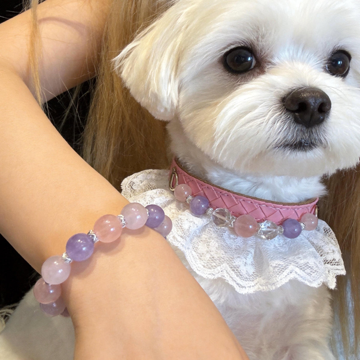 Matching Crystal Pet Collar & Bracelet Set, Rose Quartz