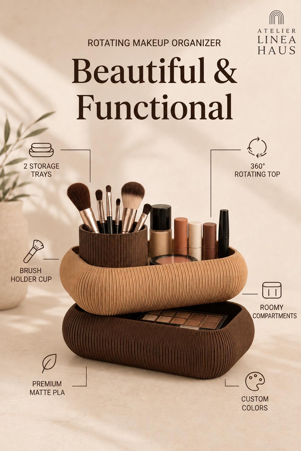 Rotating Makeup Organizer with Two Tiers and Round Compartment