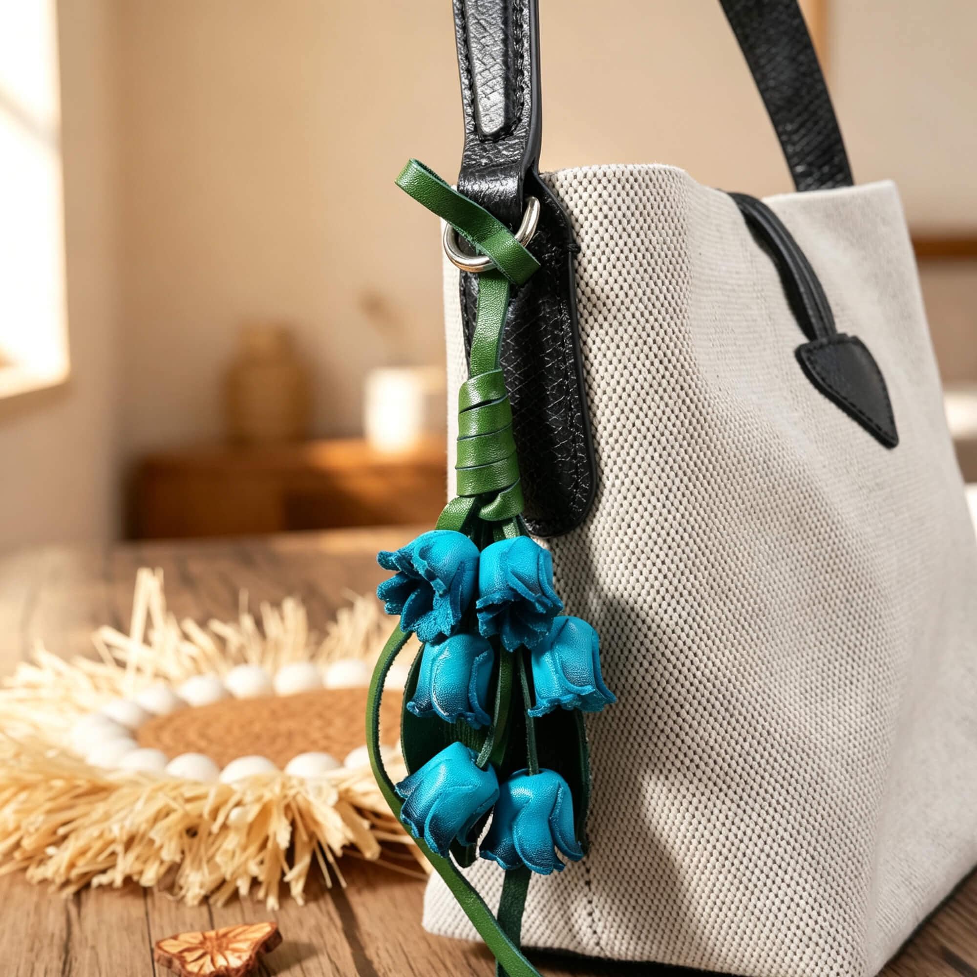 Leather Flower Car Charm, Rearview Mirror Hanging Ornament, Floral Auto Decor