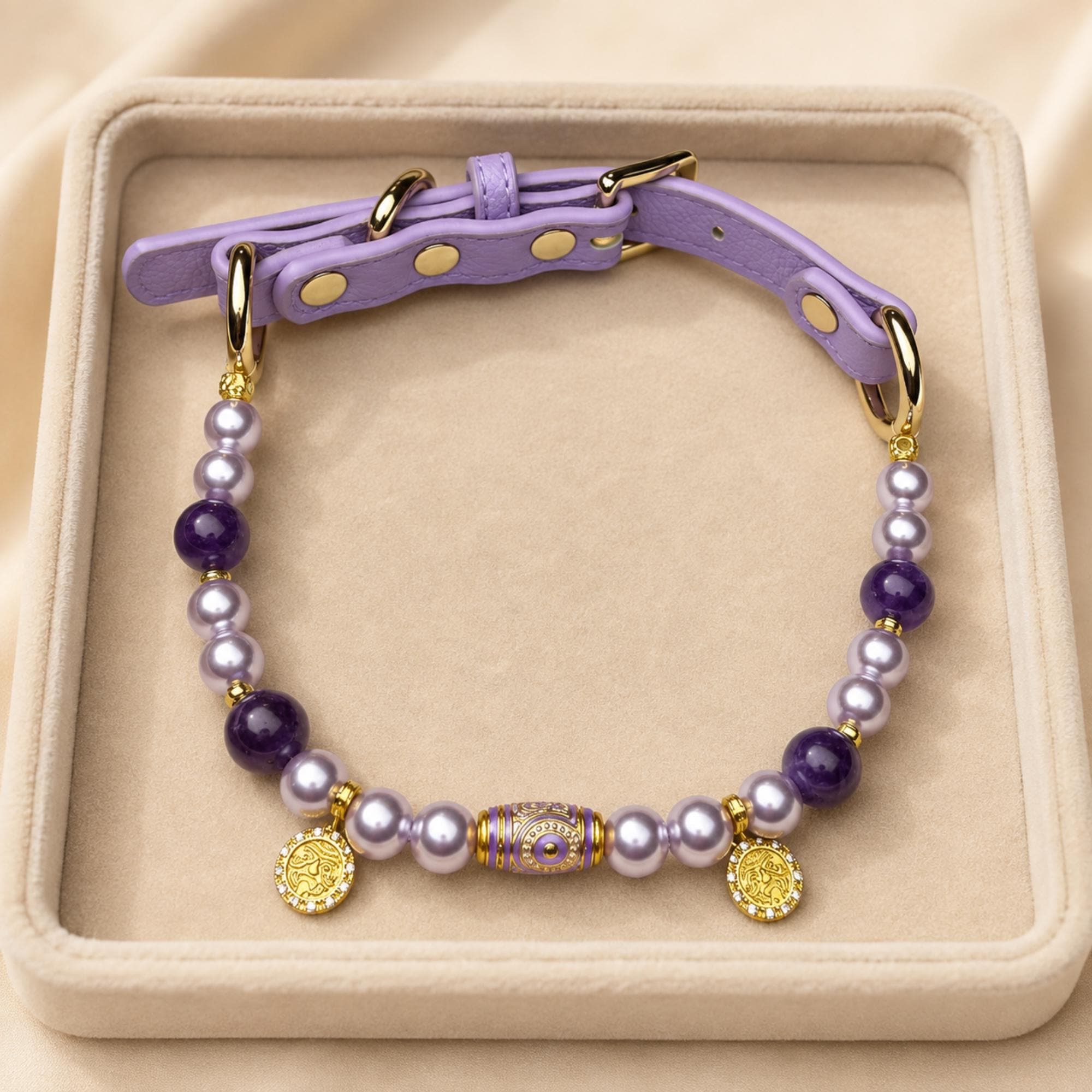 Purple Crystal Pearl Dog Collar with Gold Charms