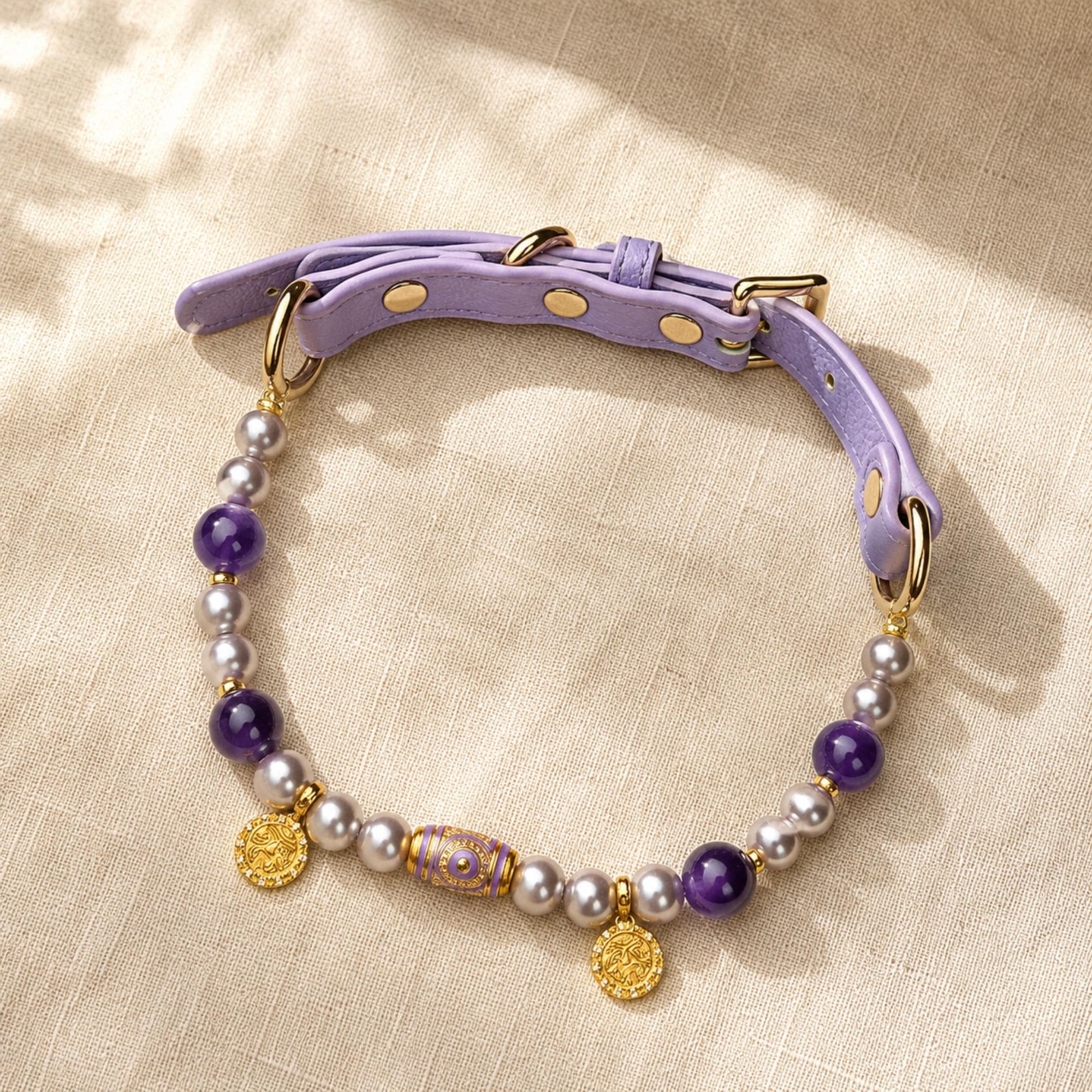 Purple Crystal Pearl Dog Collar with Gold Charms