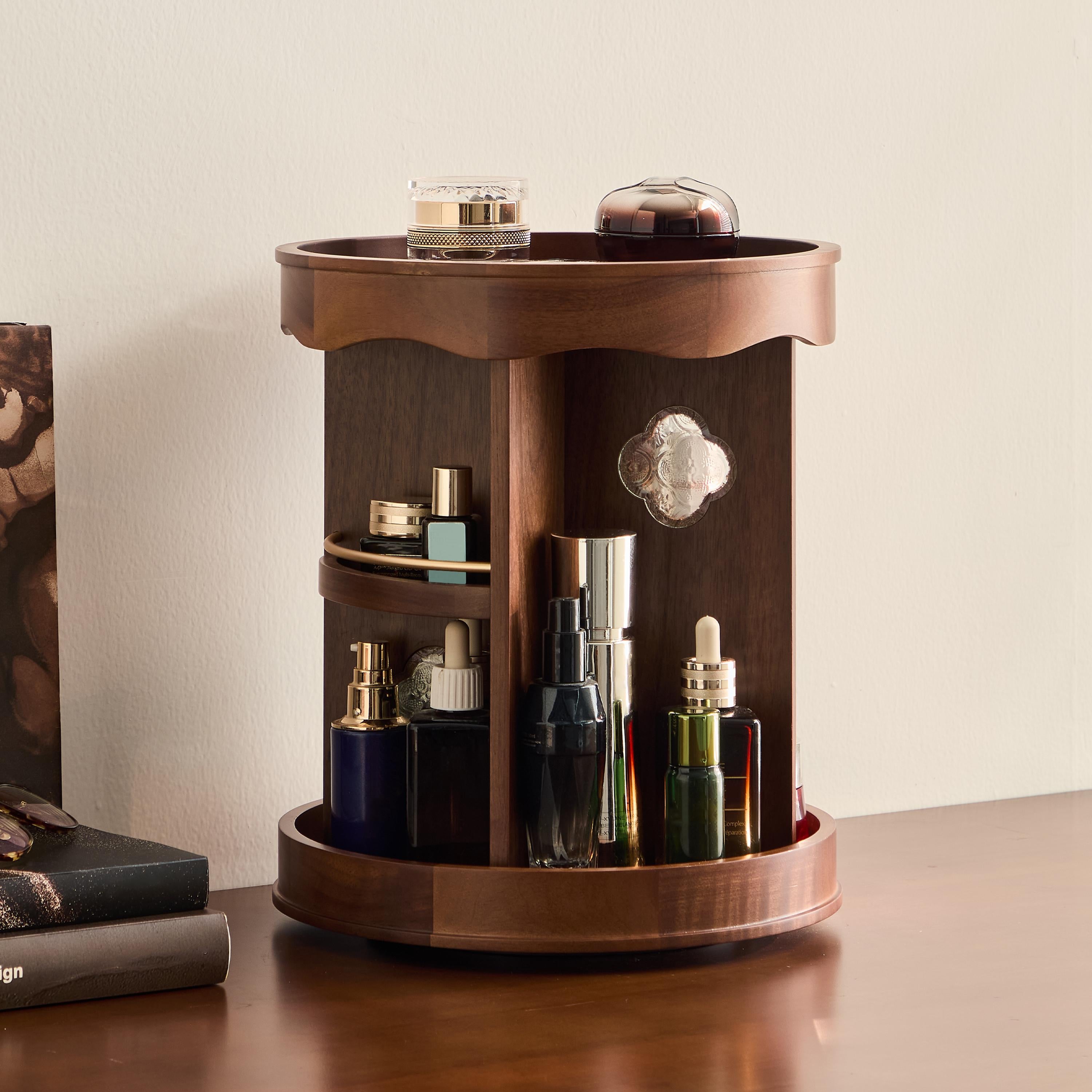 Rotating Wooden Cosmetic Storage | Makeup, Skincare & Toiletries Organizer | Perfume Display Shelf with Multi-Layer