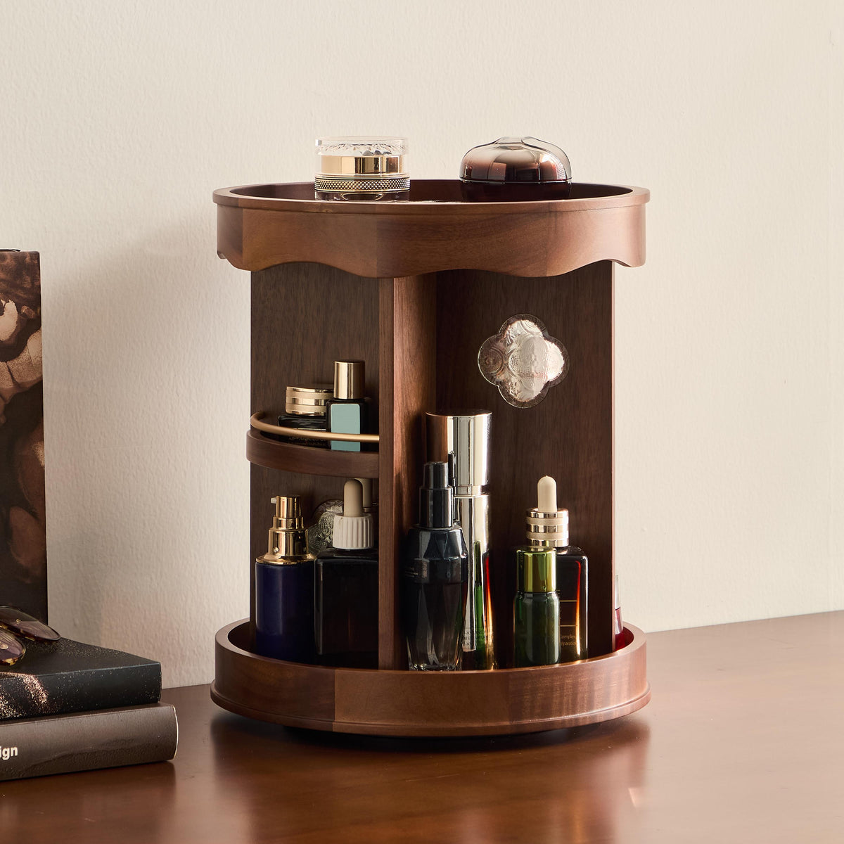 Rotating Wooden Cosmetic Storage | Makeup, Skincare & Toiletries Organizer | Perfume Display Shelf with Multi-Layer