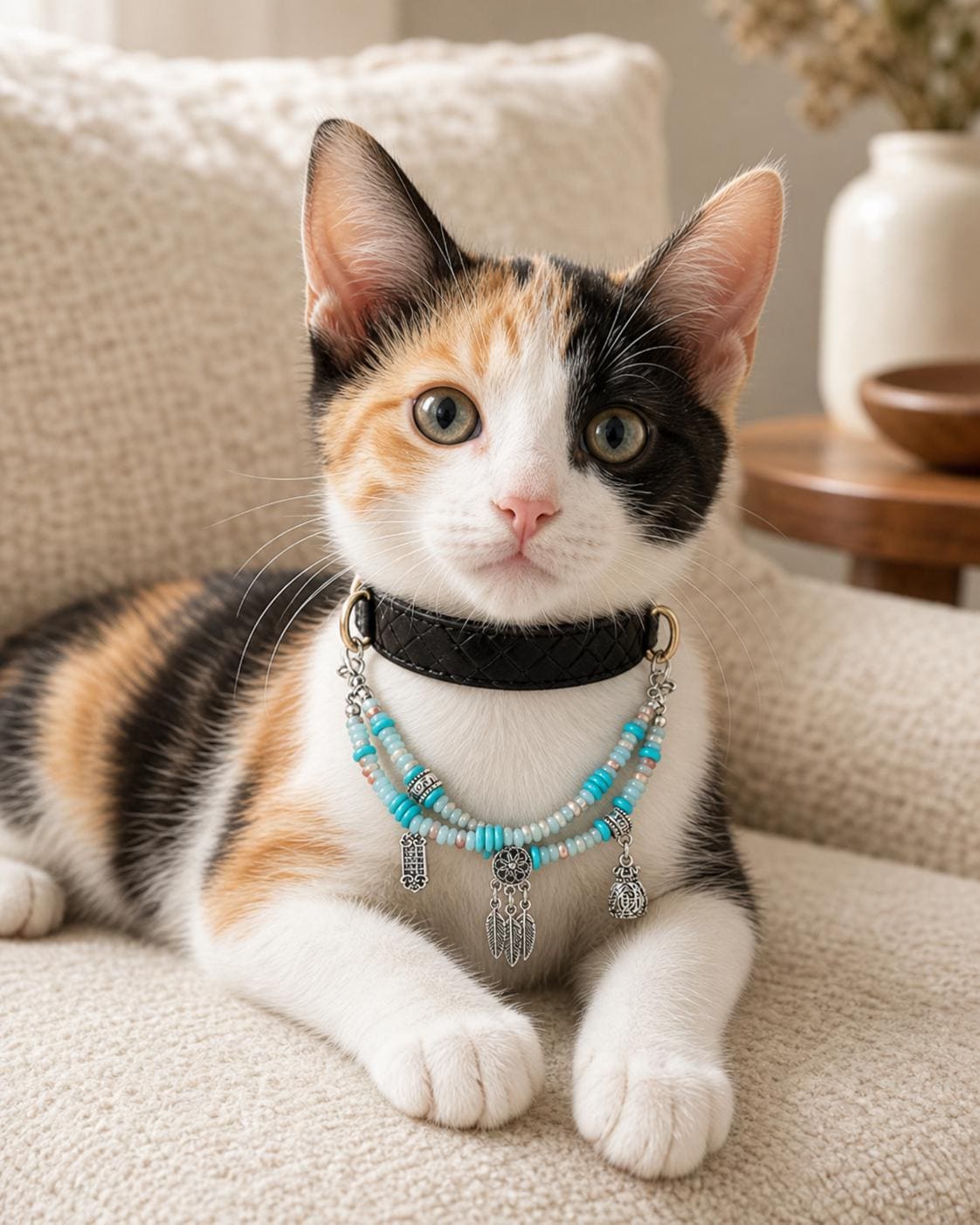Turquoise Beaded Pet Collar Charm, Double Strand Accessory for Cats and Small Dogs