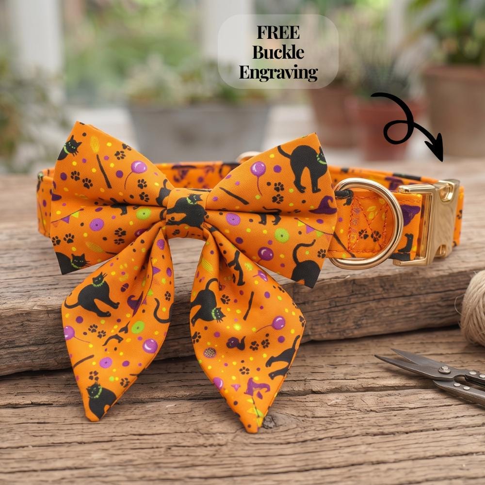Halloween Dog Collar and Sailor Bow Set, Personalized Engraved Spooky Dog Collar with Flower Bow Tie, Orange Black Cat Puppy Leash Set