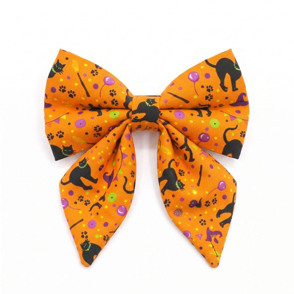 Halloween Dog Collar and Sailor Bow Set, Personalized Engraved Spooky Dog Collar with Flower Bow Tie, Orange Black Cat Puppy Leash Set