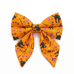 Halloween Dog Collar and Sailor Bow Set, Personalized Engraved Spooky Dog Collar with Flower Bow Tie, Orange Black Cat Puppy Leash Set