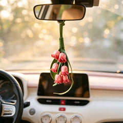 Leather Flower Car Charm, Rearview Mirror Hanging Ornament, Floral Auto Decor