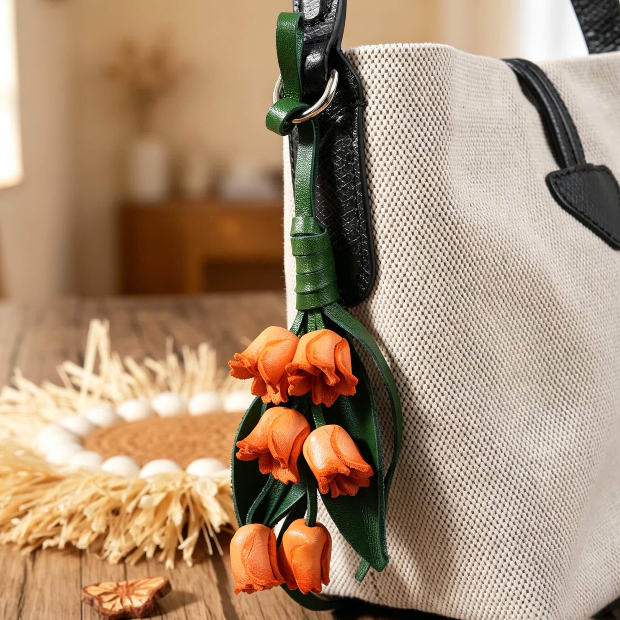 Leather Flower Car Charm, Rearview Mirror Hanging Ornament, Floral Auto Decor