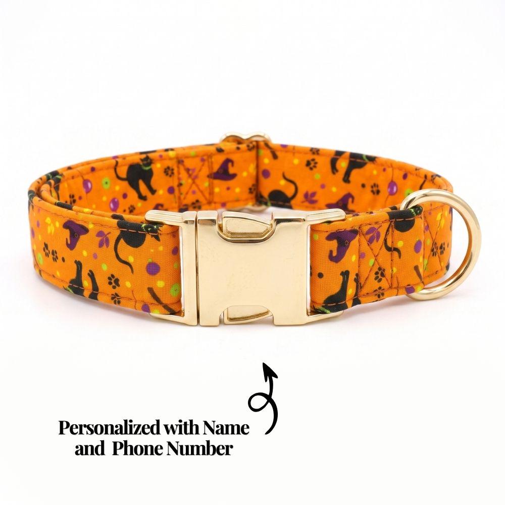 Halloween Dog Collar and Sailor Bow Set, Personalized Engraved Spooky Dog Collar with Flower Bow Tie, Orange Black Cat Puppy Leash Set