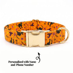 Halloween Dog Collar and Sailor Bow Set, Personalized Engraved Spooky Dog Collar with Flower Bow Tie, Orange Black Cat Puppy Leash Set
